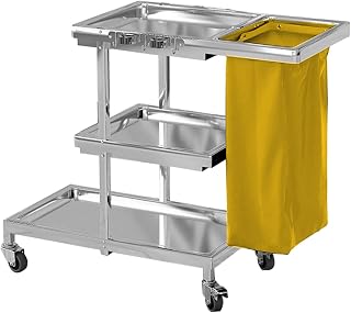 Kommerzieller Hausmeisterwagen aus Edelstahl, Reinigungswagen mit 3 Ablagen und 35,6 cm Vinyl-Tasche für effiziente Reinigung