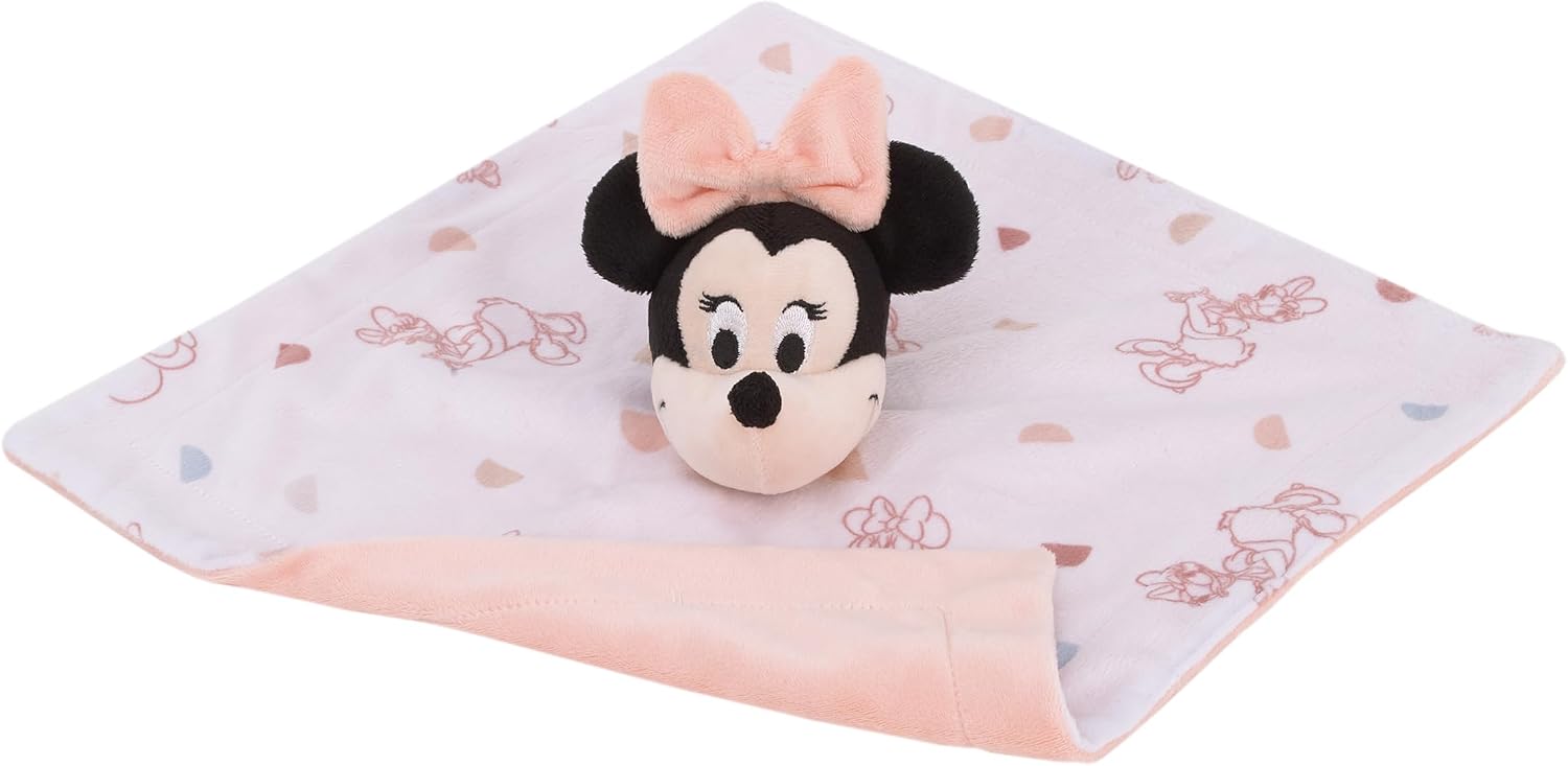 NoJo Disney Minnie Mouse White, Light Blue, and Peach Super Soft Security Baby Blanket with Plush Minnie Mouse Head