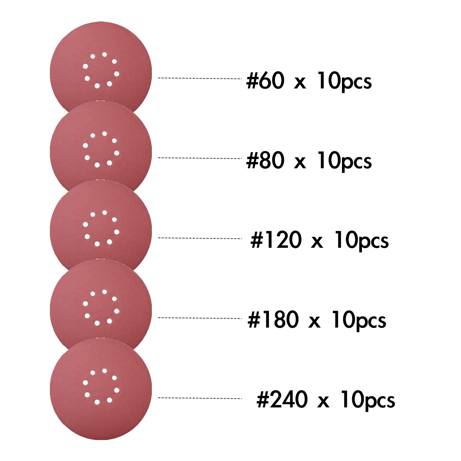 5 inch 8 Hole Hook and Loop 60 Grit Sandpaper Discs 50/box