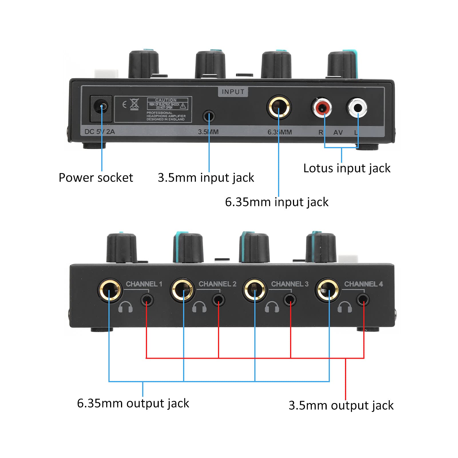 BTER Amplificatore Audio Professionale Mono/Stereo a 4 Canali - Splitter per Cuffie Portatile Con Uscita TRS da 1/4" e 1/8" e Ingresso Audio/TRS