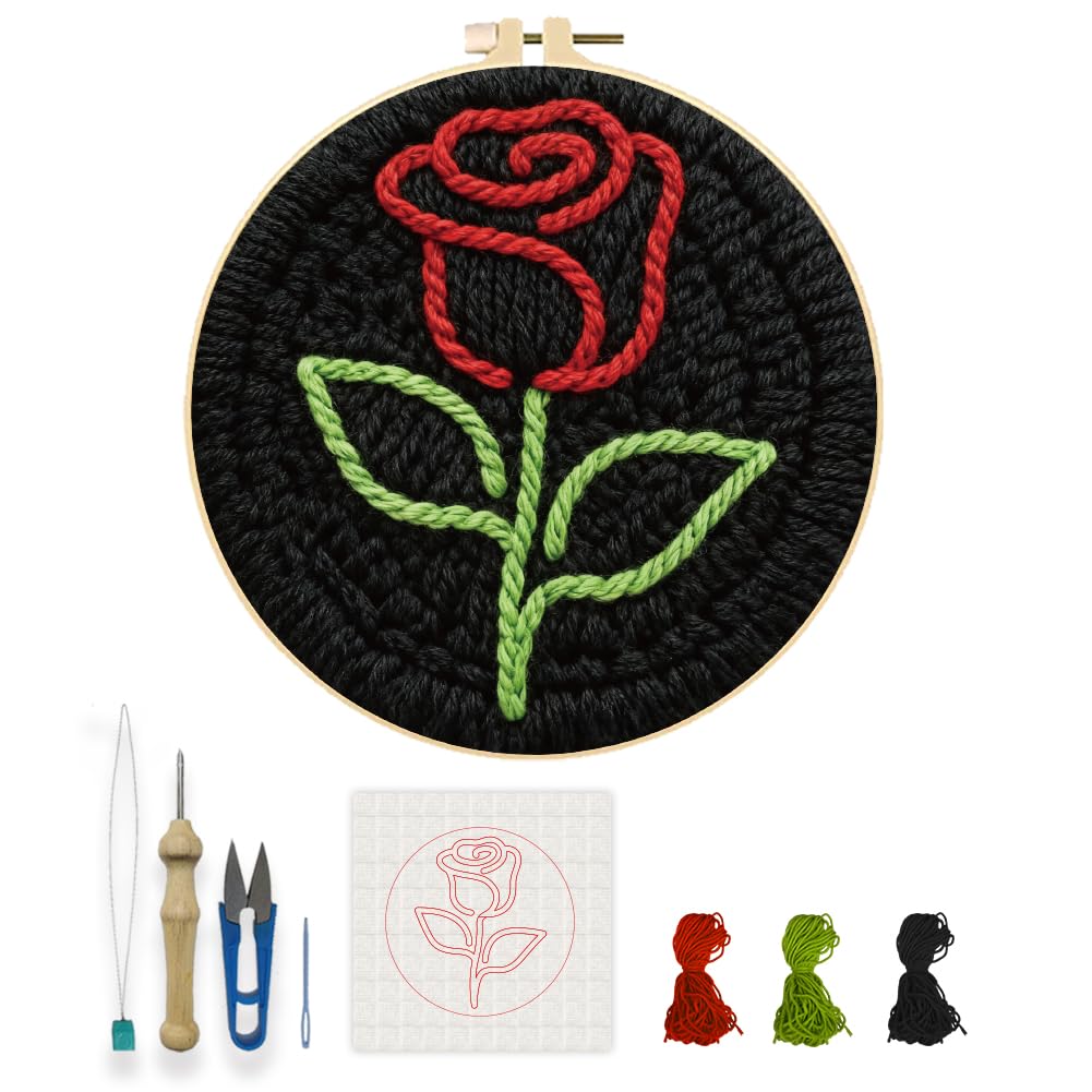 INFUNLY Set di aghi per ricamo a forma di rosa semplice fai da te per principianti, nero rotondo punch needle Starter Set da 8,7 pollici, facile per adulti con istruzioni per ricamo e filo