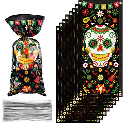 100 Pieces Day of The Dead Treat Bags, Black Día de Los Muertos Cellophane Plastic Candy Goodie Bags with 100 Silver Twist Ties for Halloween Decorations Day of The Dead Party Supplies