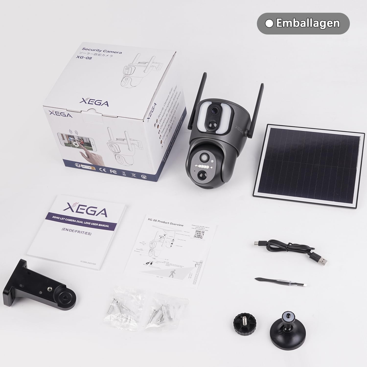 Xega Doppelte Linse 4G Solar PTZ Überwachungskamera mit SIM Karte ohne WLAN | 14400mAh Akku, 2K 3MP HD, 355°/100° PTZ, Farb/IR Nachtsicht, 2-Wege-Audio, Personenerkennung, Außen, Abonnement Erforderlich