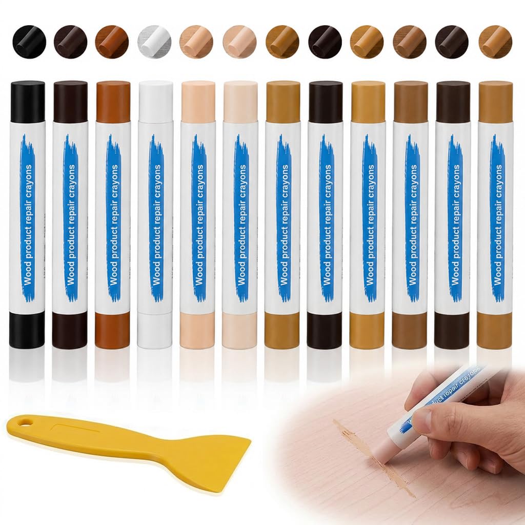 Wax Filler Wood Repair Sticks, Wax Sticks for Wood Repair, Laminate Floor Repairs Kit, Soft Repairs Crayons for Wooden Furniture Laminate Floor Table Door Scratches Holes (Wood Series-12PCS)