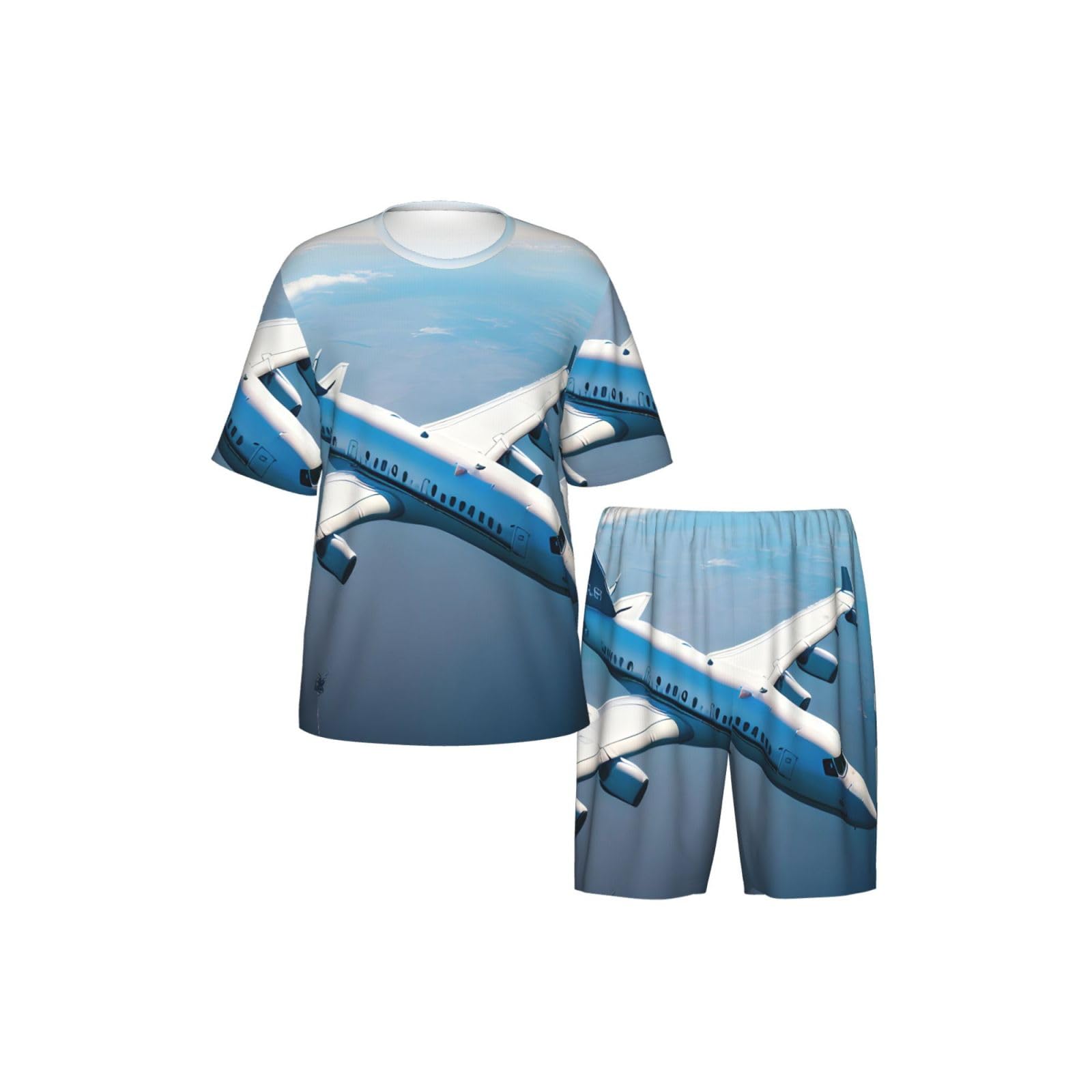 Conjunto de pijama clásico con estampado de aviones para hombre, pantalones cortos de pijama suaves para hombre, perfecto para las noches de verano
