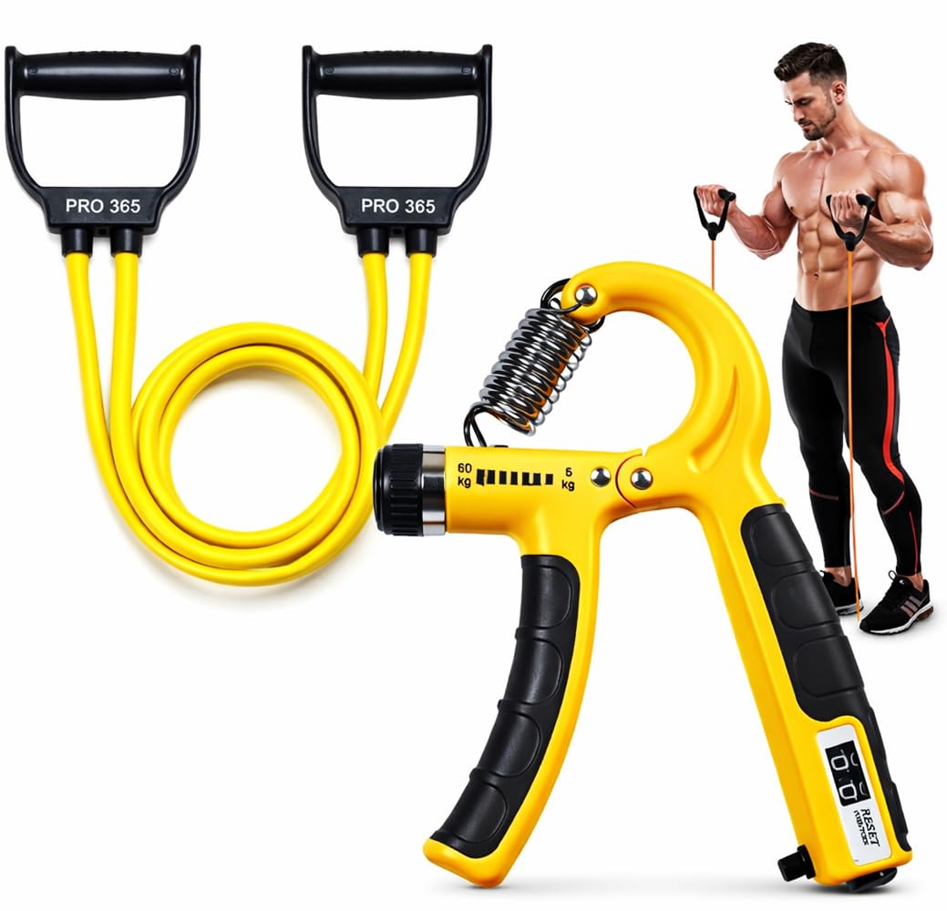 PRO365 Double Toning Tube 25Kg with Counter Hand Gripper | Wrist & Hands Workout Equipment | Heavy Resistance Tube with Comfort Handles | Latex Fitness Combo Kit for Home Gym