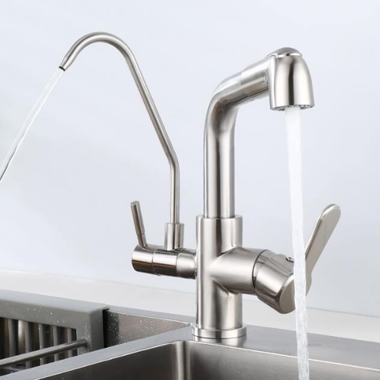 Robinet cuisine 3 voies en laiton brossé pour eau chaude froide et filtrée