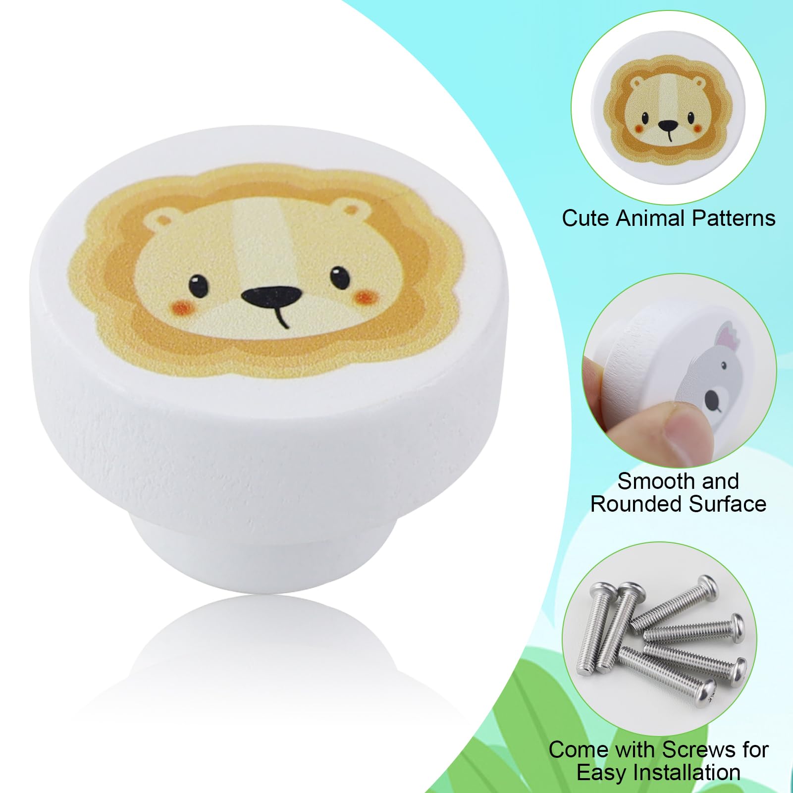 Pomelli per Mobili Bambini in Legno 6 Pezzi, Maniglie Cassetti Decorativi con Motivi Animali