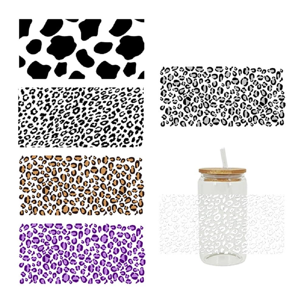 Yalulu 6 Sheets Leopard-Print UV DTF Transfer Sticker, Cow Pattern Rub on Transfers Stickers Waterproof UV DTF Cup Wrap Transfer Decals for Glass Coffee Cups