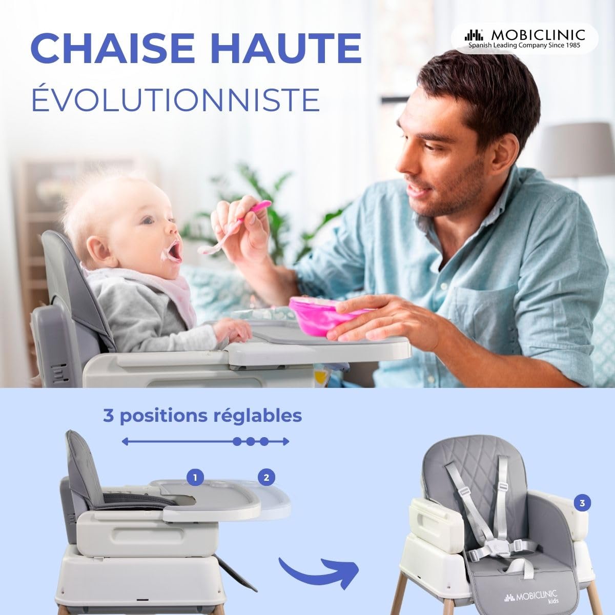 Mobiclinic® kids, Chaise haute bébé évolutive, 3 en 1, Kiara, Rehausseur + de jeux, Pliable, Harnais à 5 points, Plateau réglable, 6-36 mois, Jusqu'à 15 kg, Imperméable