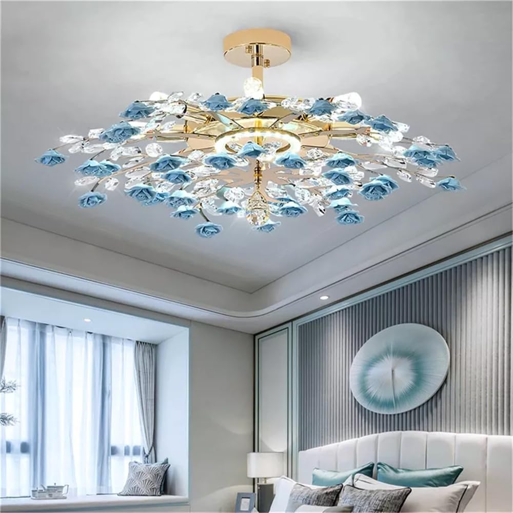 Creativo Lampade a Ciondolo Lampadari di Cristallo Ramo di Luce Casa Led Ceramica Fiore Apparecchio per Soggiorno Sala da Pranzo Decor (Blu D60 cm (1 pz))