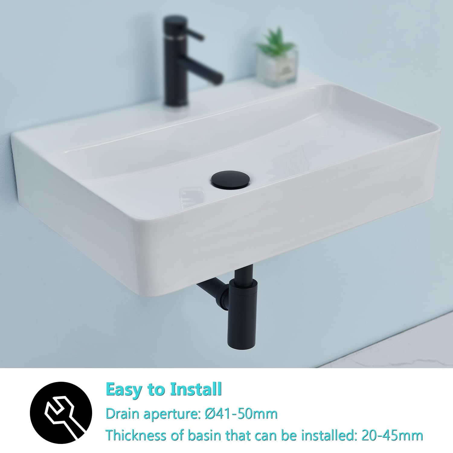 Sifón de Diseño con Desagüe Lavabo sin Rebosadero, Sifón Lavabo Negro Universal con Abertura de Limpieza, Altura Ajustable, Válvula Click Clack Lavabo para Baño y Aseo