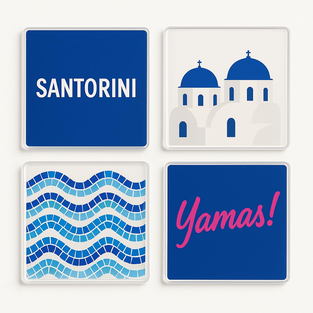 The Plum Penguin Santorini Bliss Acrylic Coaster Gift Set Of 4 With Design - Dreamy Travel-Inspired Home Decor For Adventurous Souls
