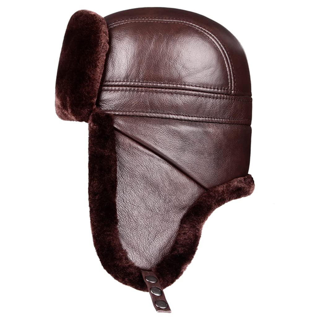 Unisex Winter Hat Leather Aviator Trapper Hat Ear Flaps, Windproof Waterproof Baseball Cap Bomber Ha