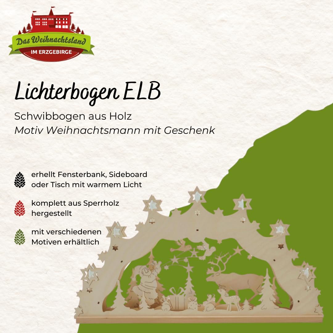 Lichterbogen ELB – Motiv Weihnachtsmann mit Geschenk | 32 x 56 x 5 cm – Schwibbogen aus Holz – Leuchtbogen mit 7 Kerzen – Original Erzgebirge Fensterbogen – Weihnachtsdeko