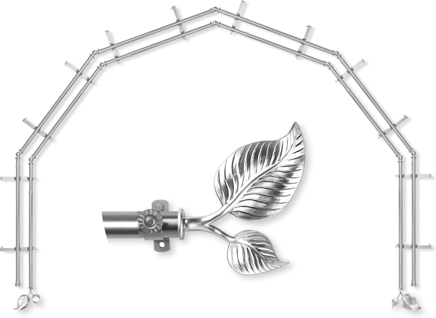 A&F Rod Décor - Leaf 13/16" 6-Sided Double Bay Window Curtain Rod - Satin Nickel