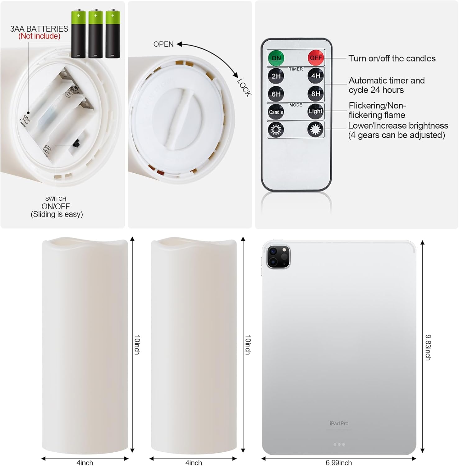 Image showing the bottom of an Amagic flameless candle with the battery compartment open, revealing slots for three AA batteries.