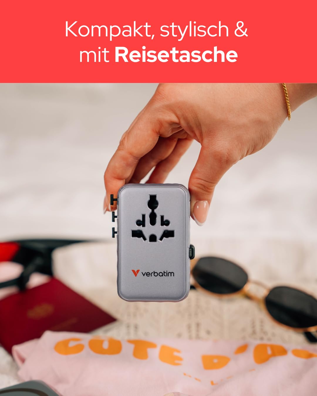 Verbatim GaN adapter podróżny 100 W, niebieski, adapter do gniazdka z wbudowanym kablem i 2 x USB-C, 2 x USB-A, 2 x złącze USA/JP, uniwersalna ładowarka do szybkiego ładowania laptopa, smartfona i