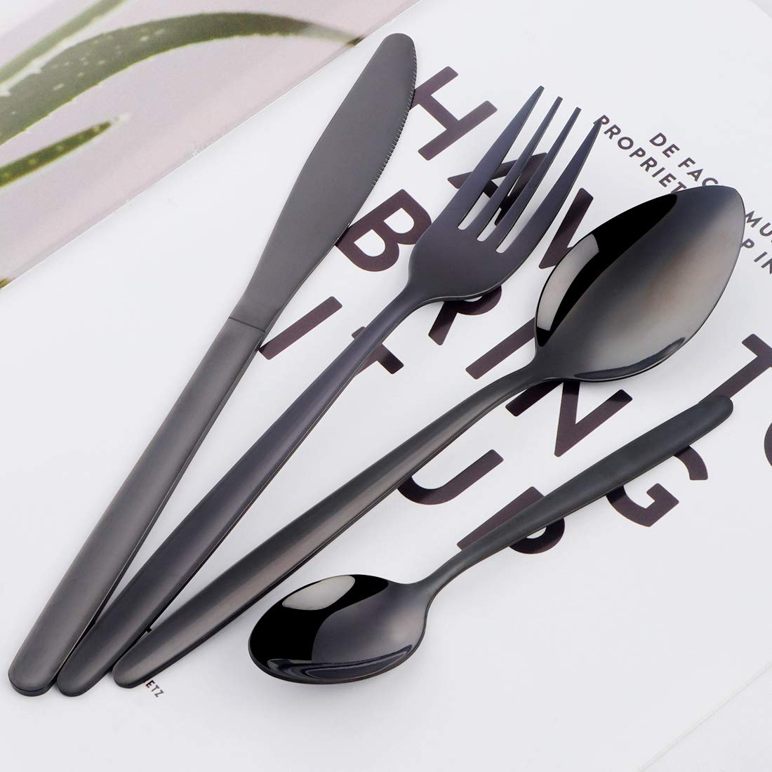 Buyer Star - Set di posate in acciaio inox, stile classico, sottile, nero, per ristorante e hotel, servizio da tavola lucidato, per 6 persone
