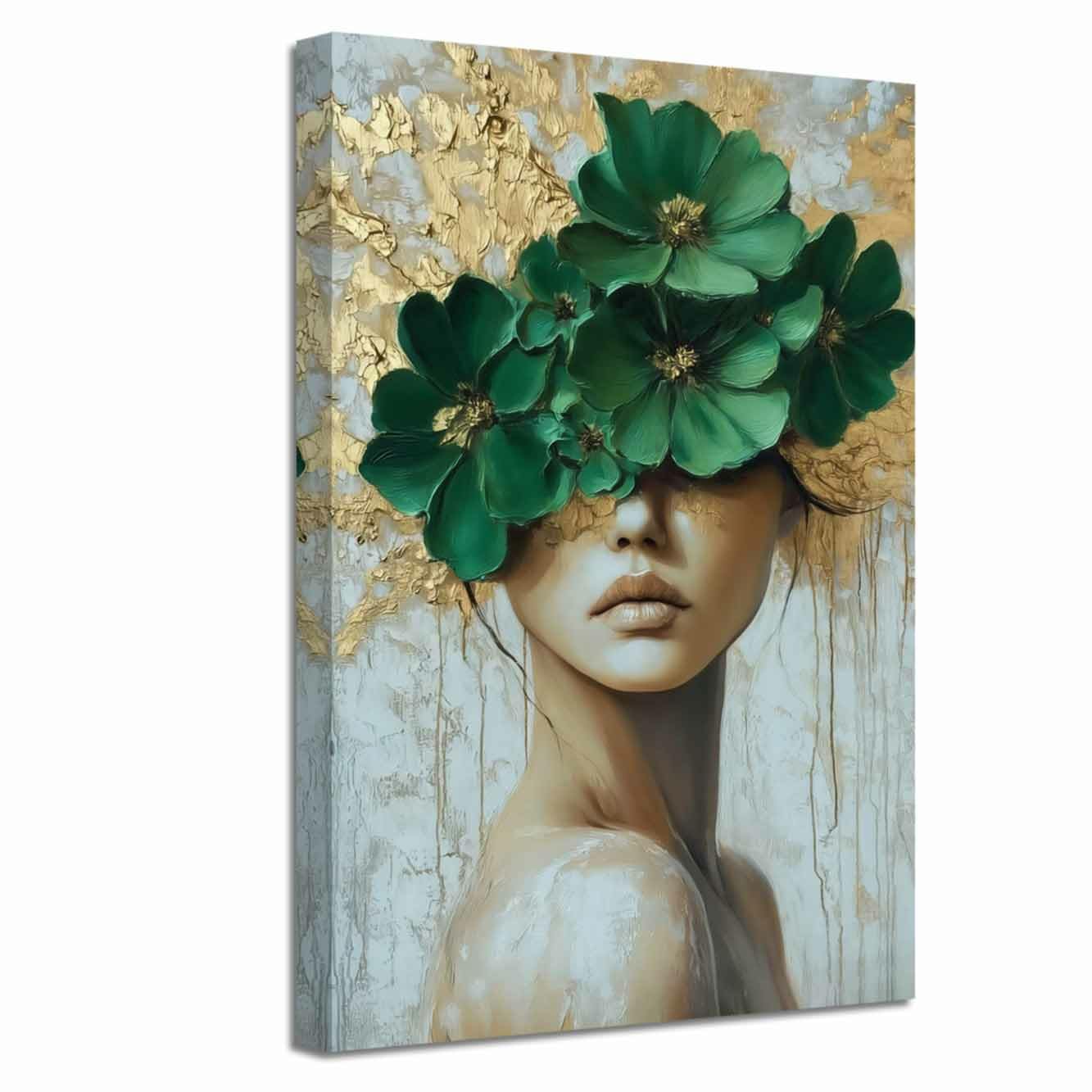 ZXHYWYM Gold and Gray White Floral Wall Decor Abstract Blooming Flowers Picture Prints Abstract Women Canvas Neutral Art Poster Paintings for Girl Bedroom Bathroom (Emerald Green, (105L x 70W cm)) — image 1