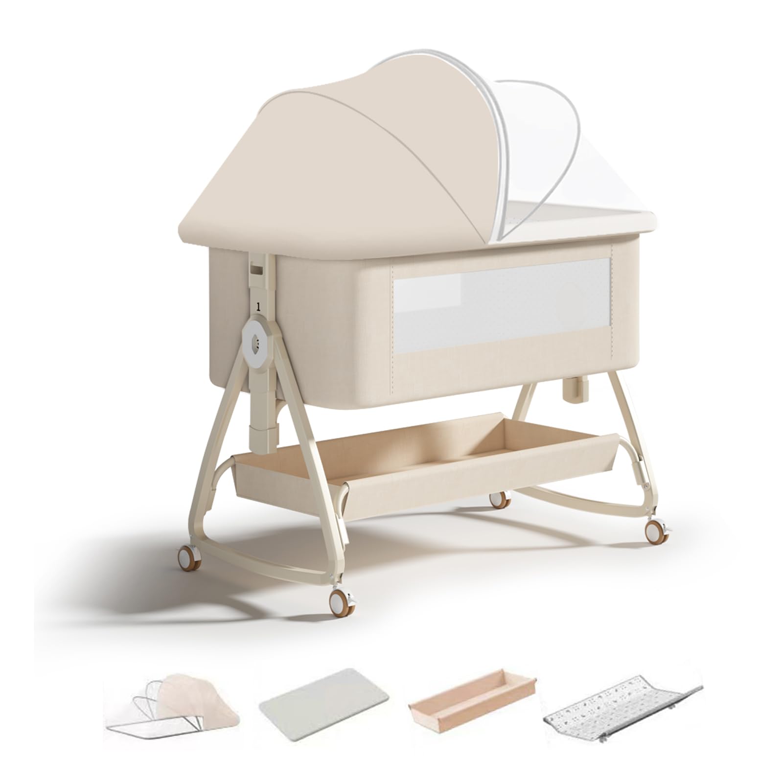 RIKCAT 4-in-1 Beistellbett Baby,Convertible Babybett für Co-Sleeping,Baby Reisebett mit Matratze,6 Höhenverstellbar Stubenwagen Baby mit Rollen,Faltbar Kinderbett von 1 bis 36 Monaten (Beige)