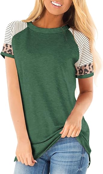Womens Leopard Stripe Color Block Short Sleeve T-Shirt Casual Loose Tops Tee