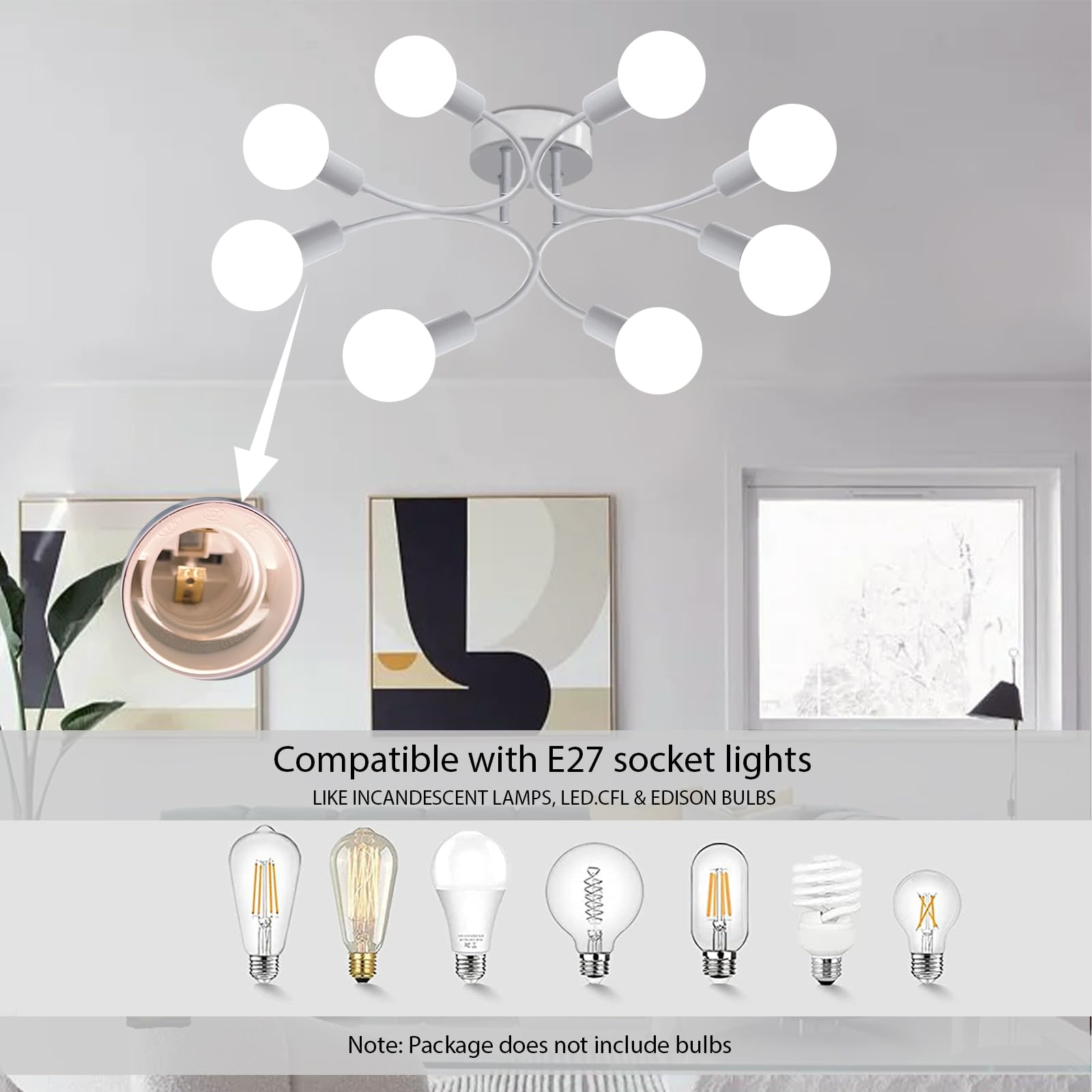 Lampadario Sputnik, 8 Luci Plafoniera Soffitto Vintage E27 Bianco | Lampada da Soffitto in Metallo,Lampadario Soggiorno Industriale per Camera da letto Soggiorno Cucina Escluse Lampadine