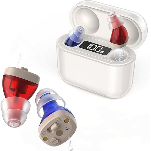 Movocrooi Hearing Aids for Seniors Rechargeable with Noise Cancelling No Whistling, Rechargeable Hearing Amplifier with Storage and Charging Combo Portable Charging Case, Two Blue & Red