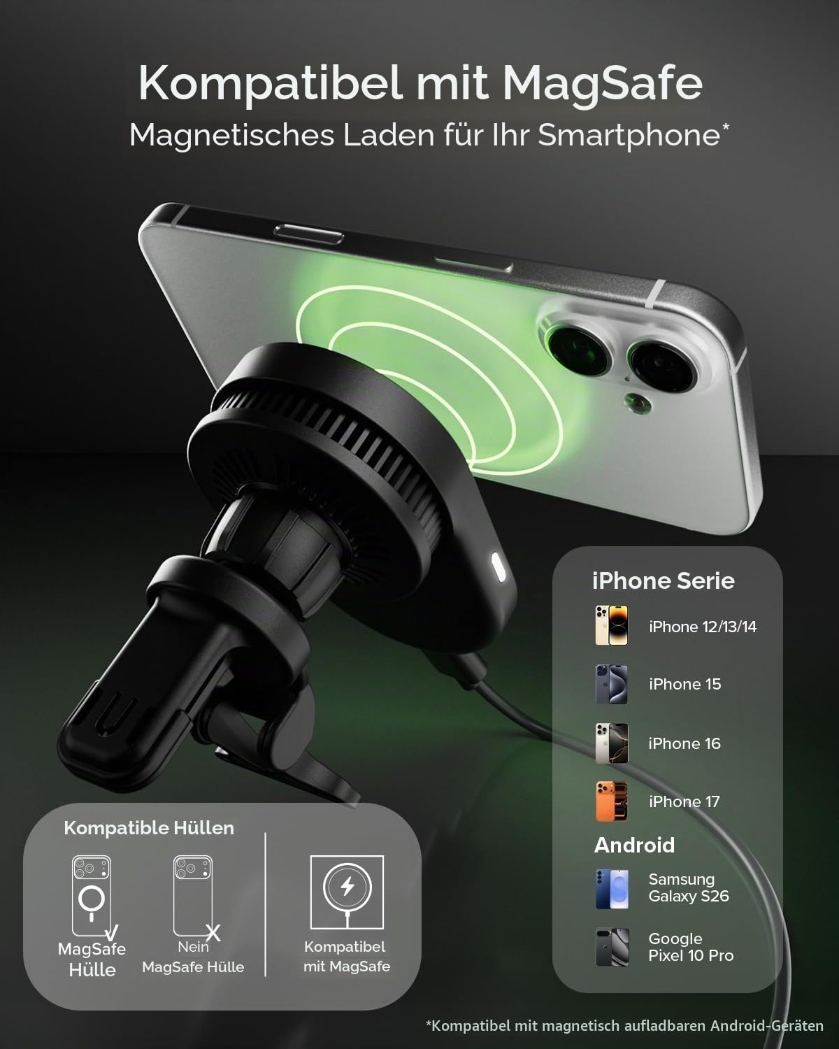 SBS Qi2 25W MagSafe Auto-Ladegerät, Magnetische Auto-Handyhalterung, Lüftungssteckplatz-Halterung, Schnellladung, USB-C-Stromversorgung, Ladegerät für iPhone, Android, Schwarz