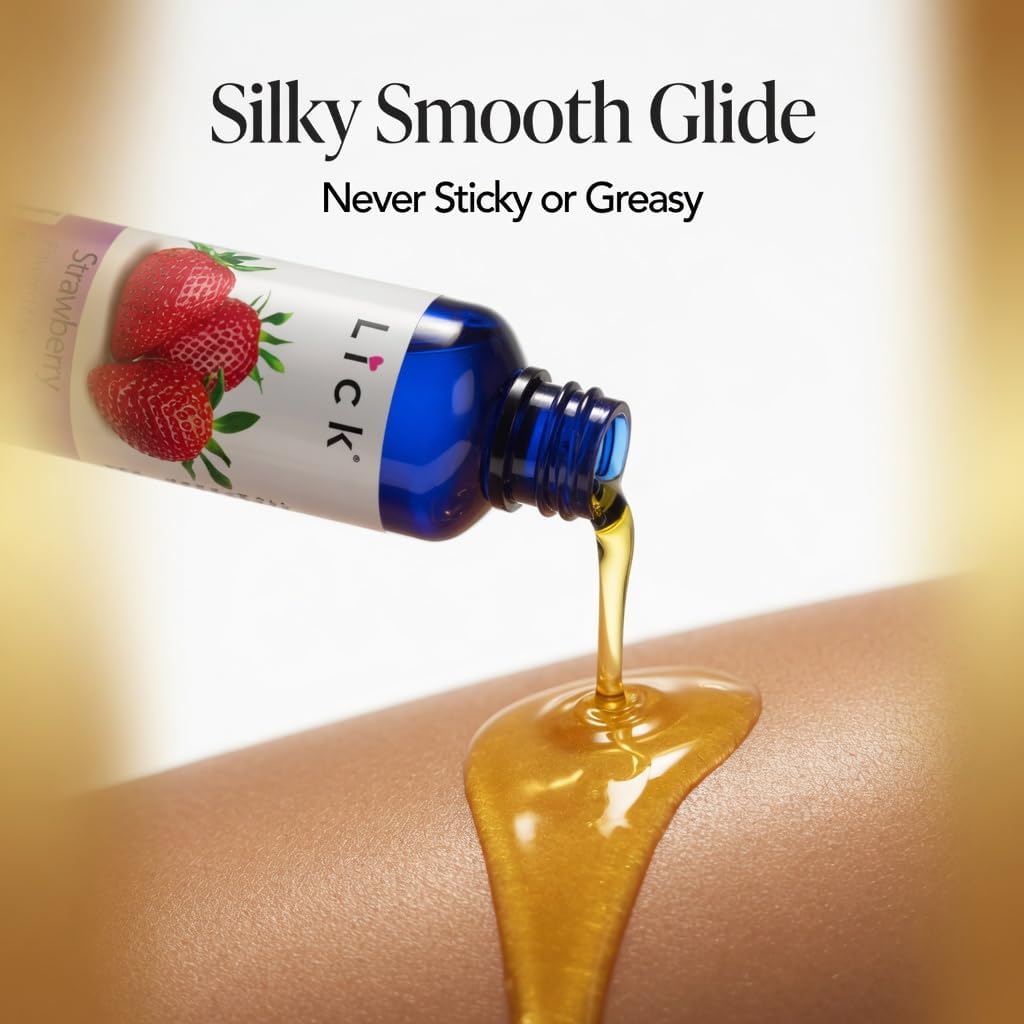 Lick Strawberry Flavored Massage Oil with Natural Vitamin E - Warming Edible Body Oil for Couples Massage, Smooth Long-Lasting, Sweet Almond & Coconut Oil, Moisturizing Skin for Men & Women, 4 oz