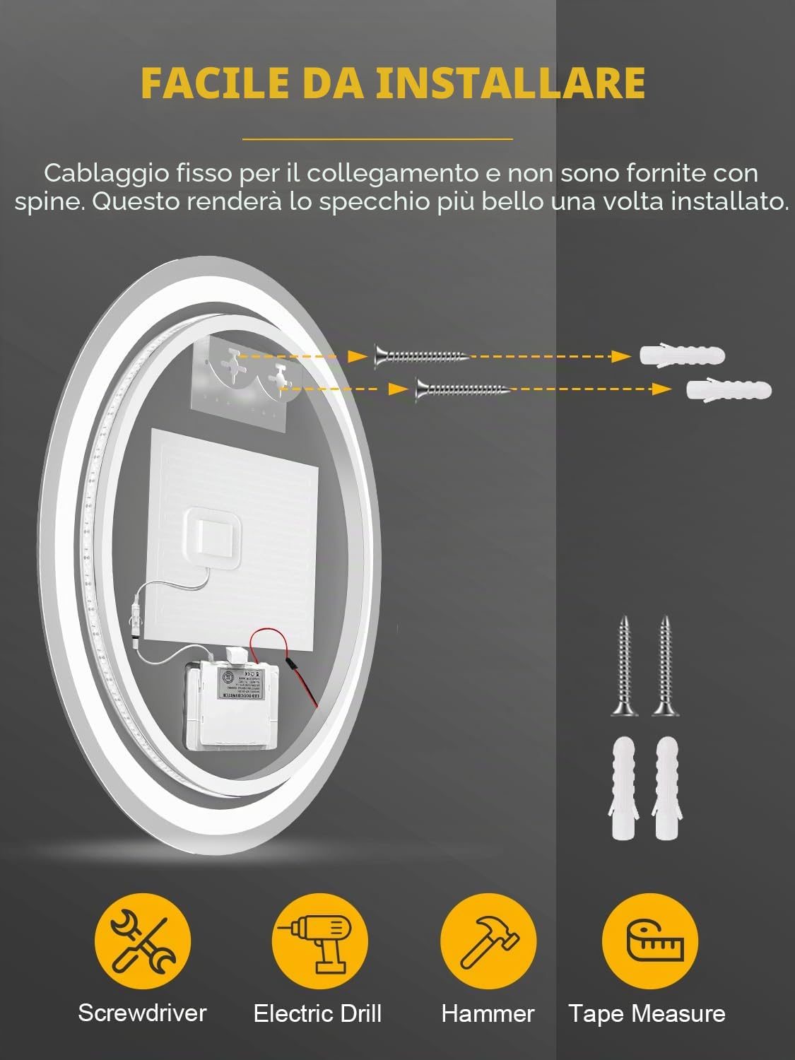 Specchio Bagno con Luce, rotondo a LED, 60 x 60 cm, da parete, anti-appannamento, luce dimmerabile in 3 colori, specchio antiappannamento con luci retroilluminate, per bagno
