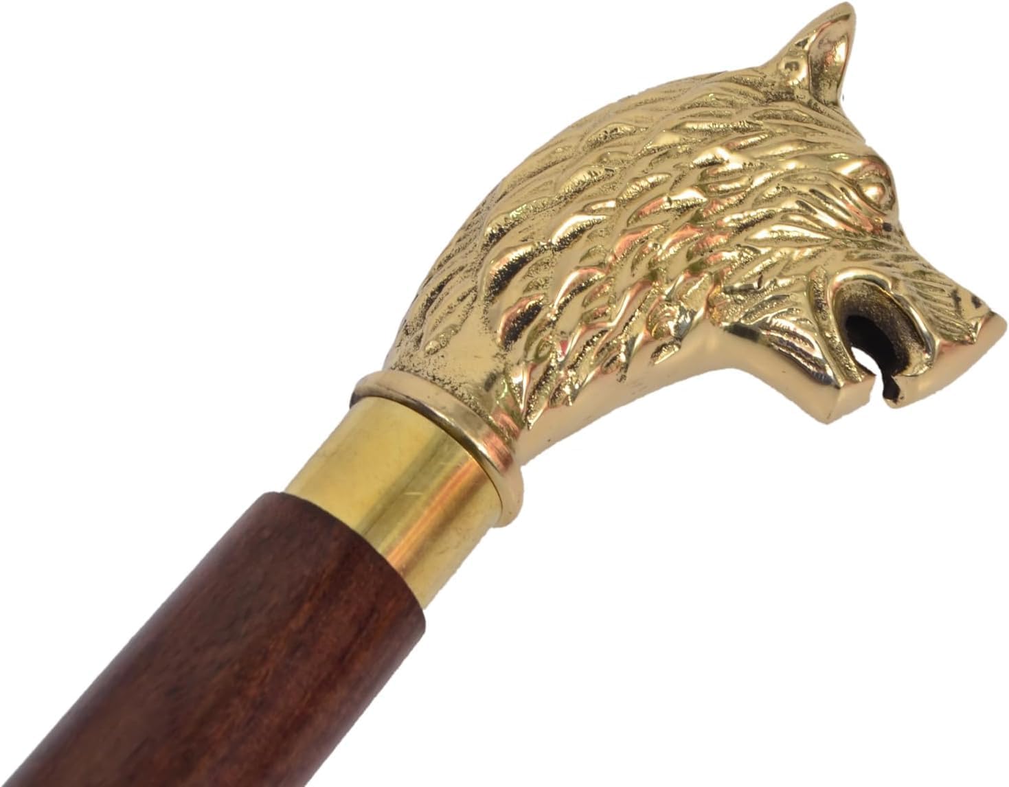 Wolf Head Walking Cane – 36 Inch Brown Wooden Stick with Gold Brass Handle | Luxury Designer Walking Stick for Men & Women | Antique Decorative Mobility Cane