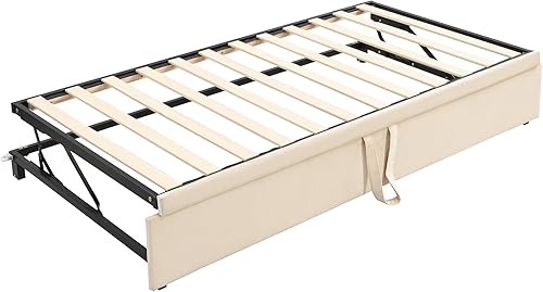 Miniatura 8 de Sofá cama tapizado de tamaño individual con nido desplegable, sofá cama extensible de terciopelo con respaldo copetudo, marco de sofá cama