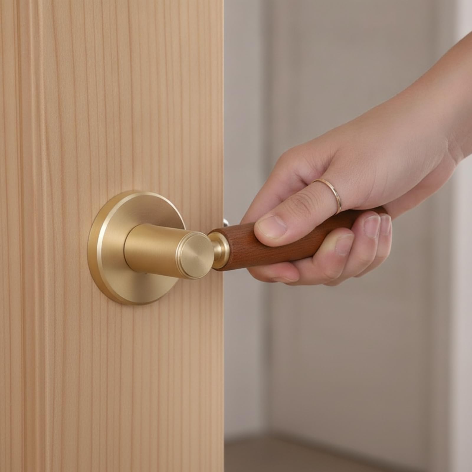 F Fityle Pestillo de Puerta Interior Manija Palanca Roseta Madera y Metal Estilo Moderno Tacto Suave Apertura y Cierre Montaje Sencillo Adecuado para, Array, Cobre Cepillado