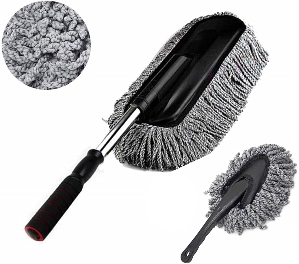2pcs Microfiber Removable Telescopic Car Duster and Nano Fiber Dash Duster Exterior Interior Cleaner with Extendable 15.7 inch Long Handle to Trap Dust and Pollen for Car Bike RV Boats or Home use