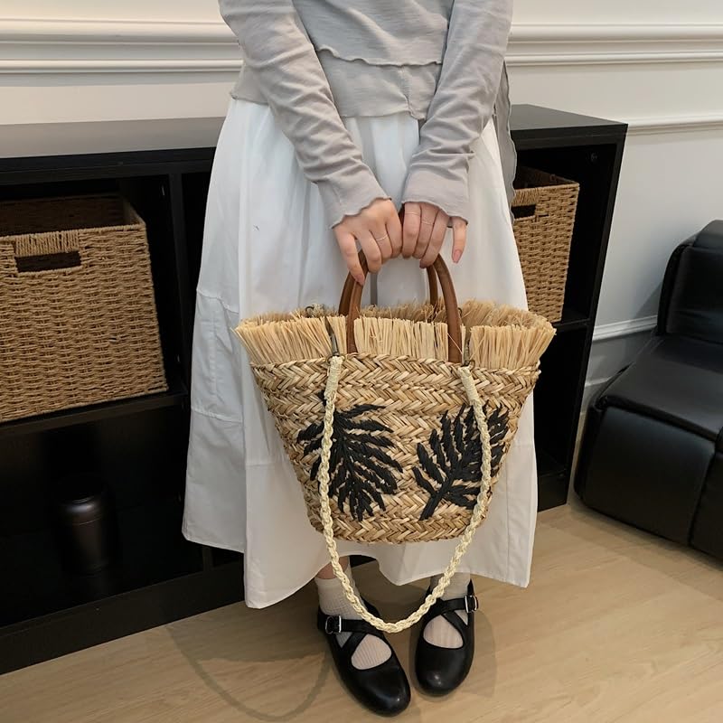Women Bohemian Straw Grass Handbag Lightweight Tote