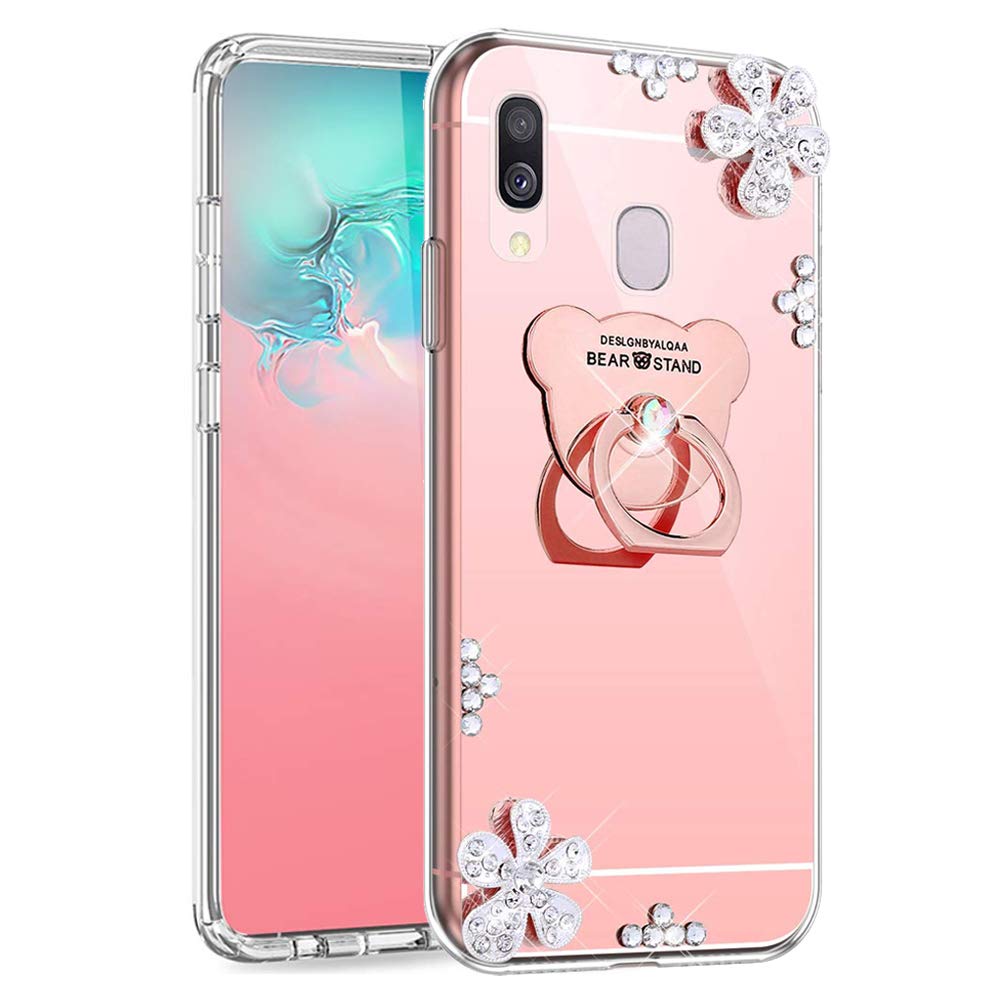 ISADENSER Xiaomi Mi A2 Lite Case Redmi 6 Pro Case Ultra-Slim Glitter Diamond Case Mirror Makeup Soft Cover with Ring Stand Holder for Xiaomi Mi A2 Lite, Rose Gold Flower Bear TPU with Stand Holder
