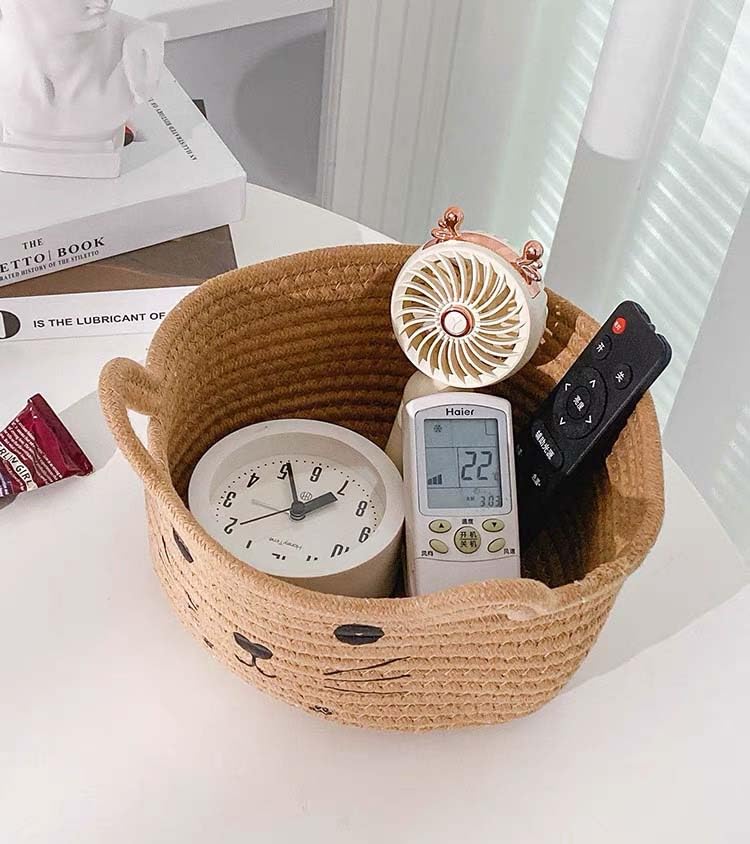 Image of Cotton Rope Basket Yarn Basket With Ears Cute Baby Shower Gifts Cartoon Pet Toys Organizer Bins Small Basket For Makeup /Keys 8.3 x 4.7 inches,Brown