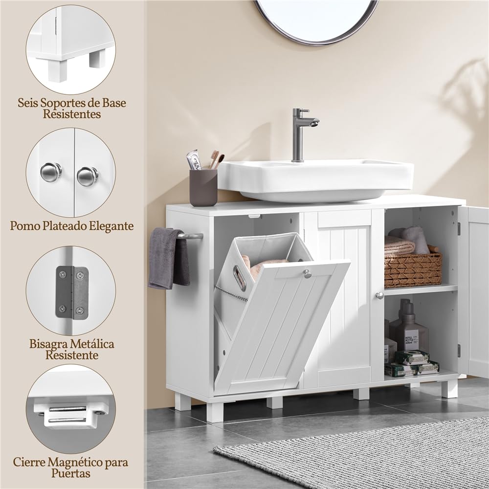 Yaheetech 2 Mueble Bajo Lavabo con Cestos para Ropa Sucia Mueble Baño sin Lavabo con 1 Bolsa Interior Extraíble 90x30x62,5 cm 2 Puertas Armario de Almacenamiento Blanco