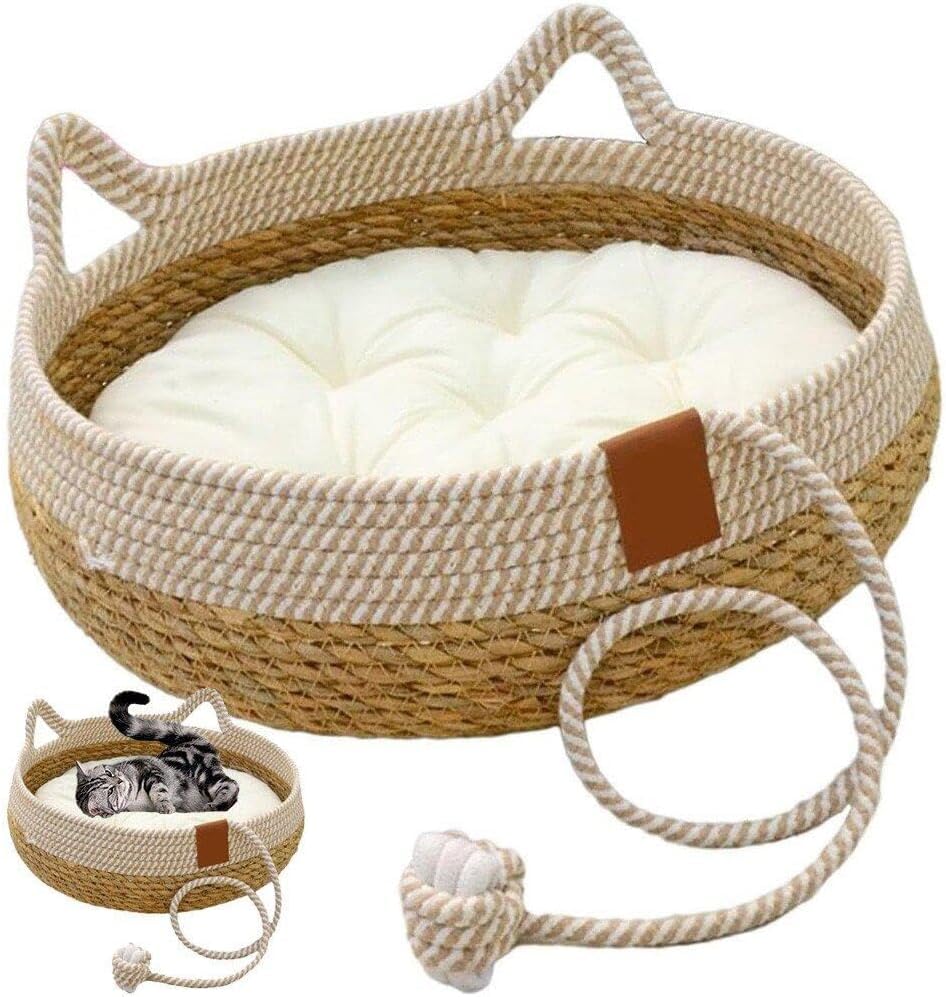 Cat Bed Cattail Woven Pet Bed Comfortable Pet Sleeping Nest with Soft Cushion Four Seasons Kitten House Pet Supplies Convenient design