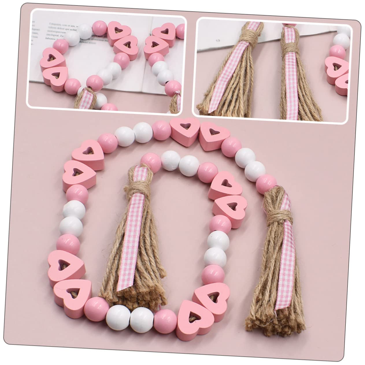 Zerodeko 5piezas Guirnalda De Cuentas De Madera con Borlas De Yute para Decoración De San Valentín Adornos Colgantes para Interiores y Exteriores para Paredes Ventanas y Jardines