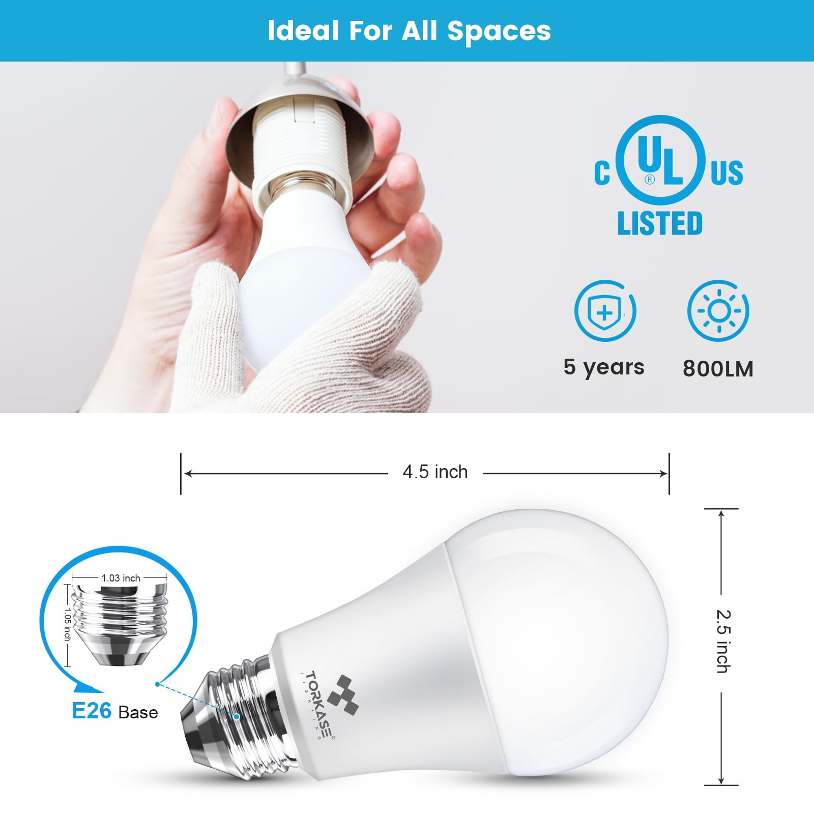 Torkase A19 LED Light Bulbs 60-80 Watt Equivalent 9 Watt 800 LM Bright Standard LED Bulbs Non-Dimmable E26 — view 3