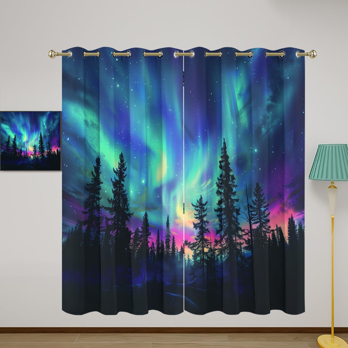 Aurora Blackout Curtains for Girls Boy Home Decor, Colorful Borealis Light Northern Lights Sky Grommet Thermal Insulated Drapes Darkening Window Curtain for Bedroom Living Room, 84 x 84 Inch
