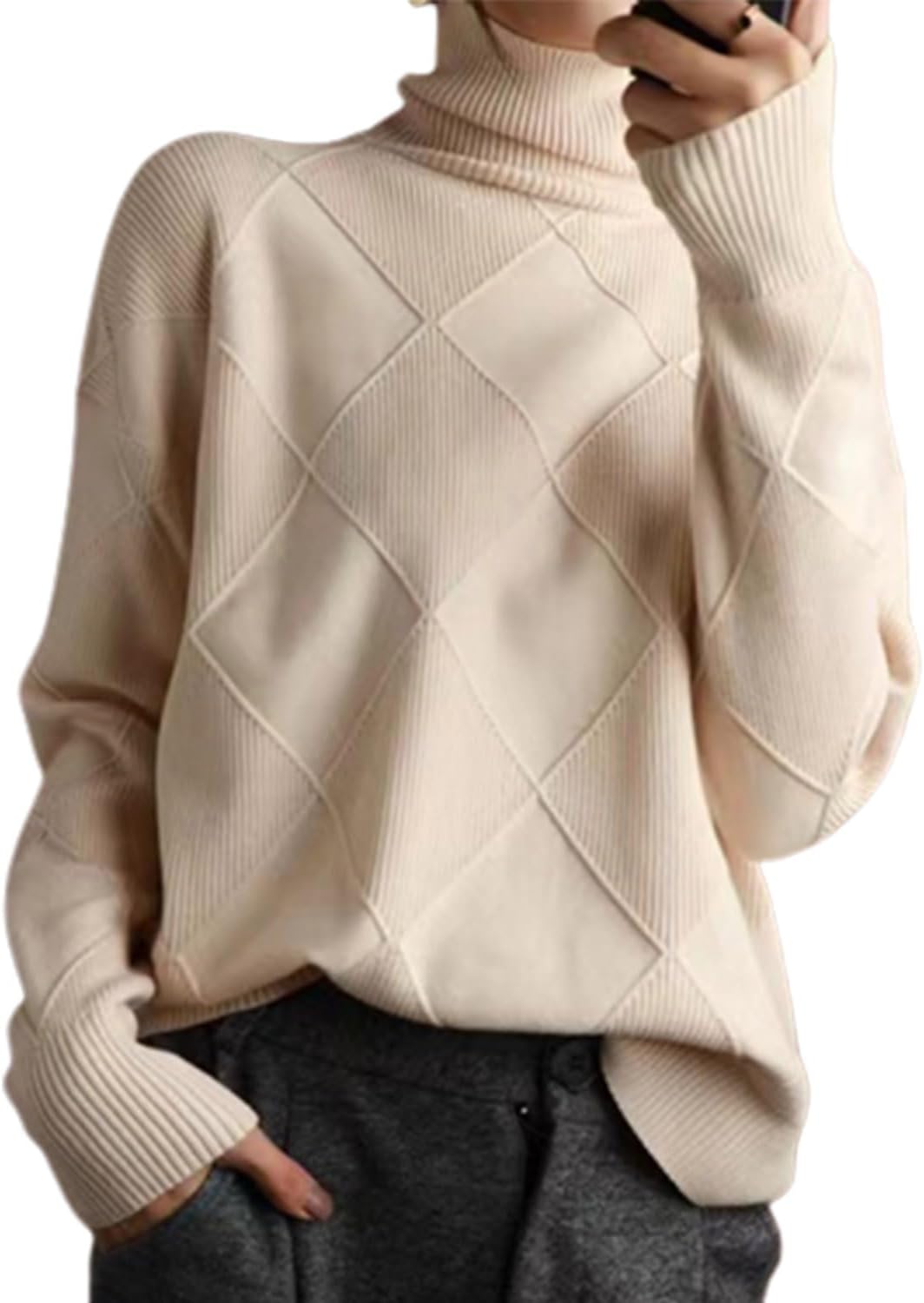 QQLADY Autumn and Winter High Collar Pullover Rhombus Sweater for Women, Versatile Solid Color Loose Bottoming Sweater