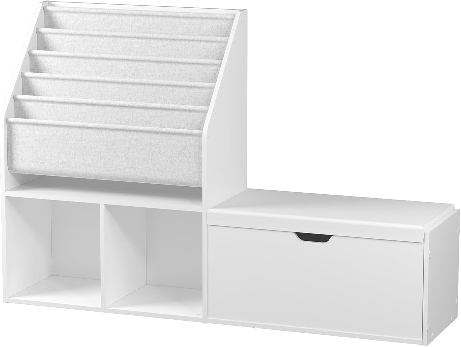 47.2’’ Kids Bookshelf with Reading Nook, Toy Storage Organizer with Seat Cushion, 5-Tier Sling Bookcase and Storage with Bench, for Playroom, Kids Room, Living Room, Nursery, White KBWT8501 - Image 9