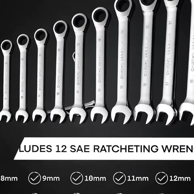 DURATECH 9-delige omkeerbare ratelsleutelset, steeksleutel set met vaste kop en roltasje, metrisch, 8-19mm, 12-punts, Cr-V staal