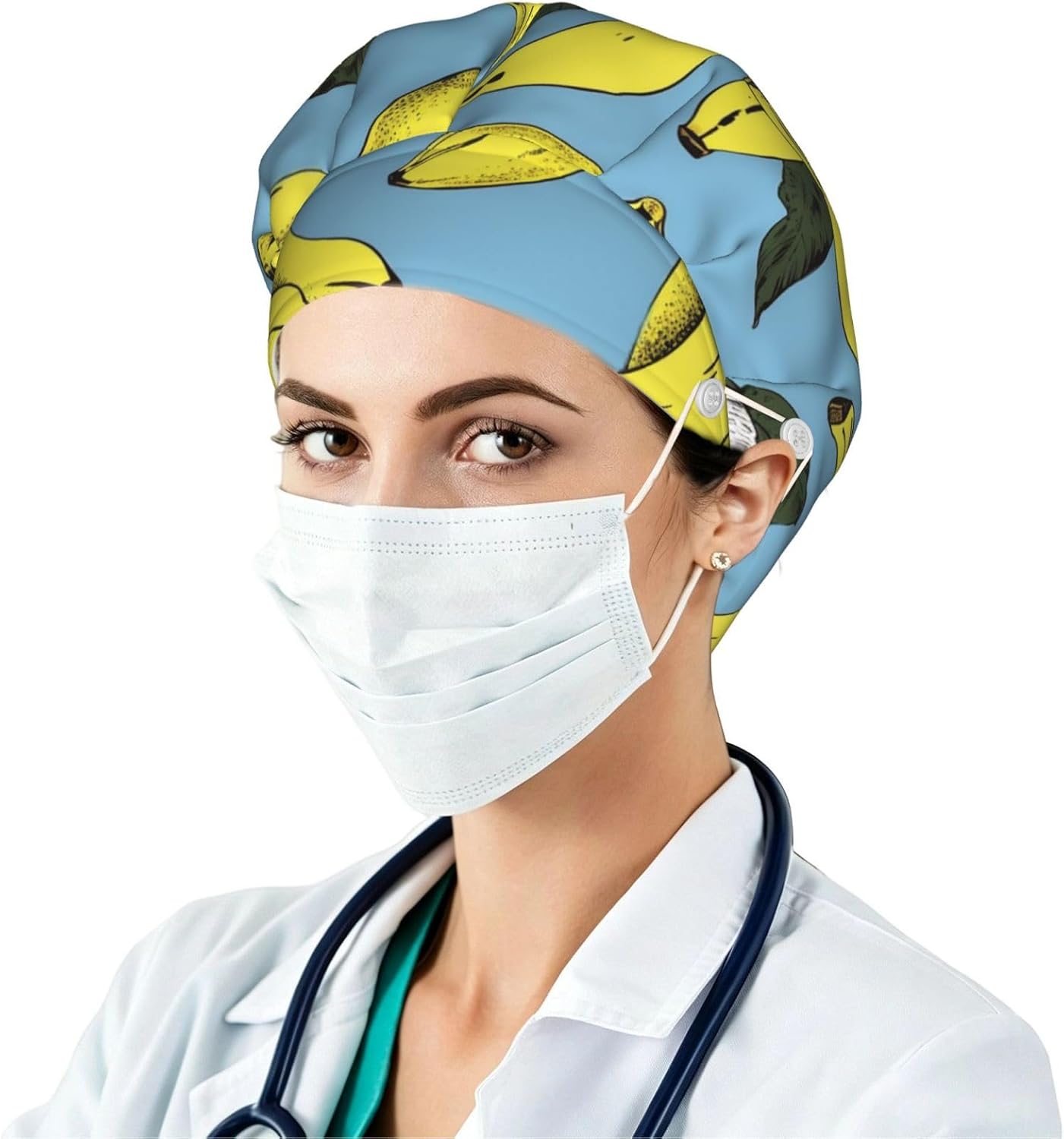 Banana Print Bouffant Cap with Buttons, Sweatband Cap Black