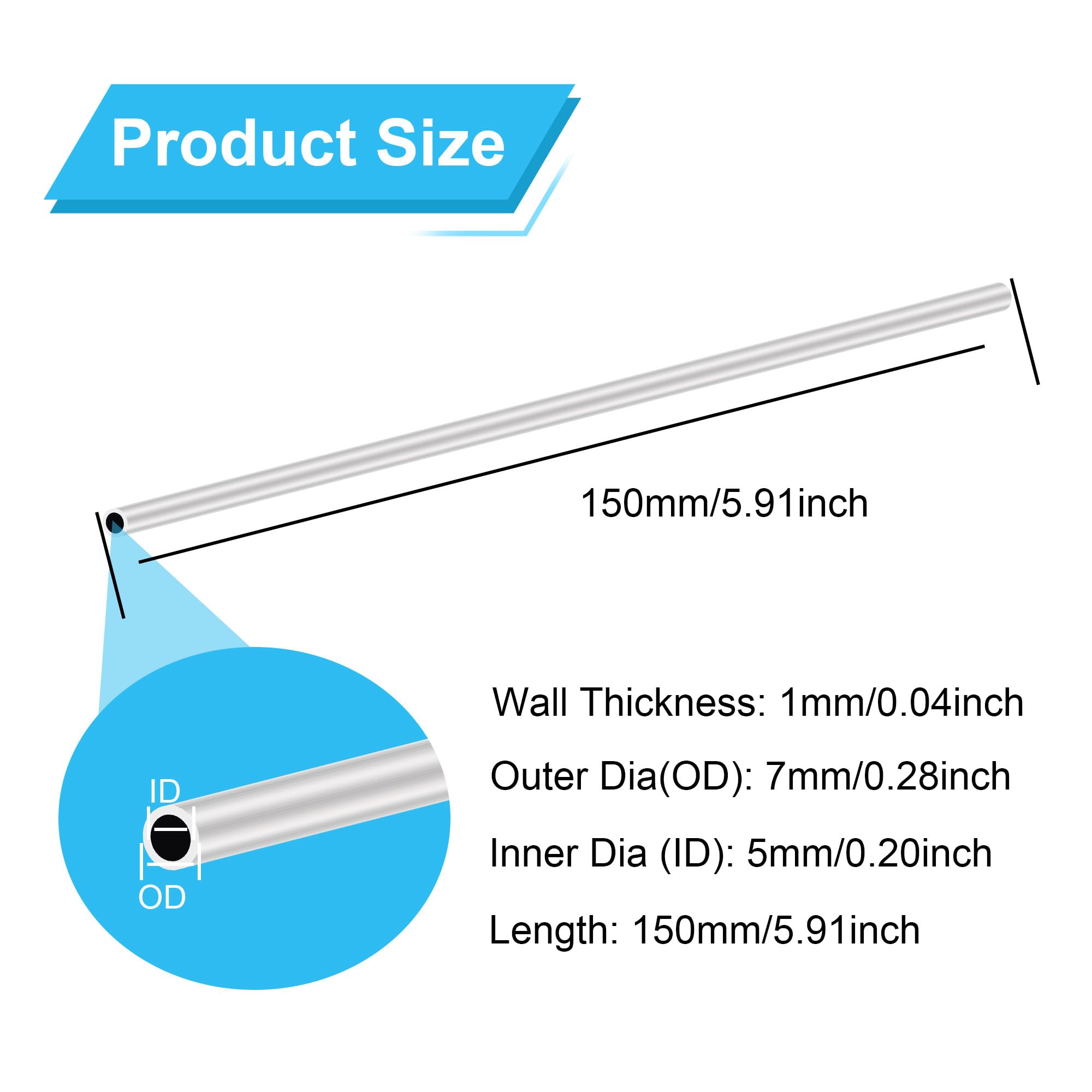 6063 Aluminium Rundrohr 7mm x 5mm 1,0 mm Wandstärke 150 mm Länge, LAVMHAB Runde Aluminium rohre Aluminium-Schläuche Gerade Rohre (2 Stück)