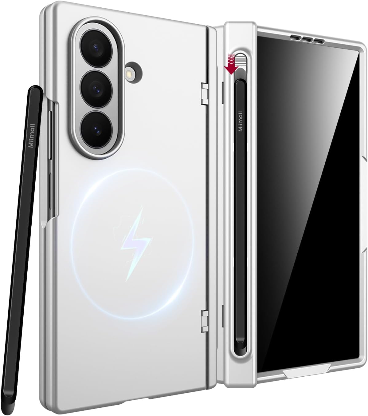 Miimall for Samsung Galaxy Z Fold 7 Case with Pen & Pen Slot, Mag-Safe Compatible | Anti Peep Screen Protector, Military Grade Hinge Protection & Non-Slip Grip for Samsung Fold7 2025 Case, Silver