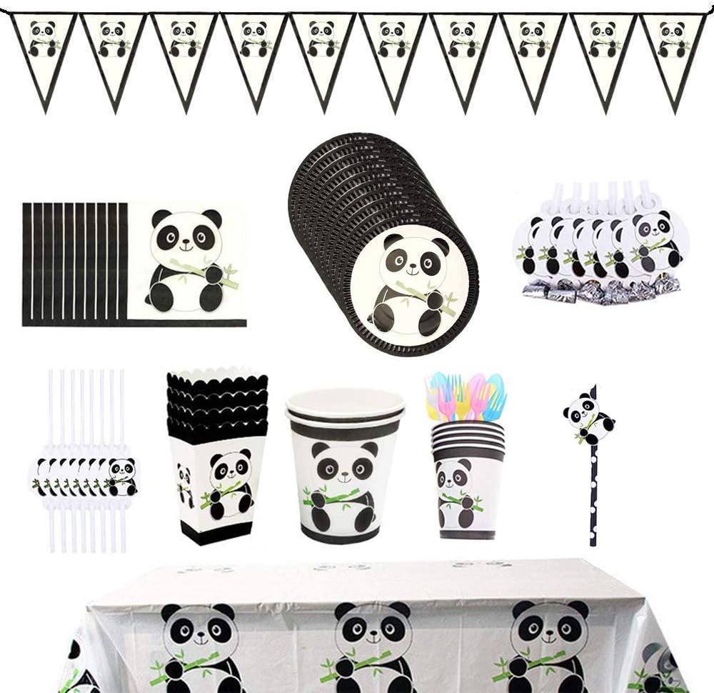 Panda Party Supplies, 121 Pcs Panda Disposable Tableware Set with Panda Plates Cups Napkins Straws Banner Tablecloth Popcorn Boxes Cake Topper Dragon Blowing for Kids Baby Shower Birthday Decorations